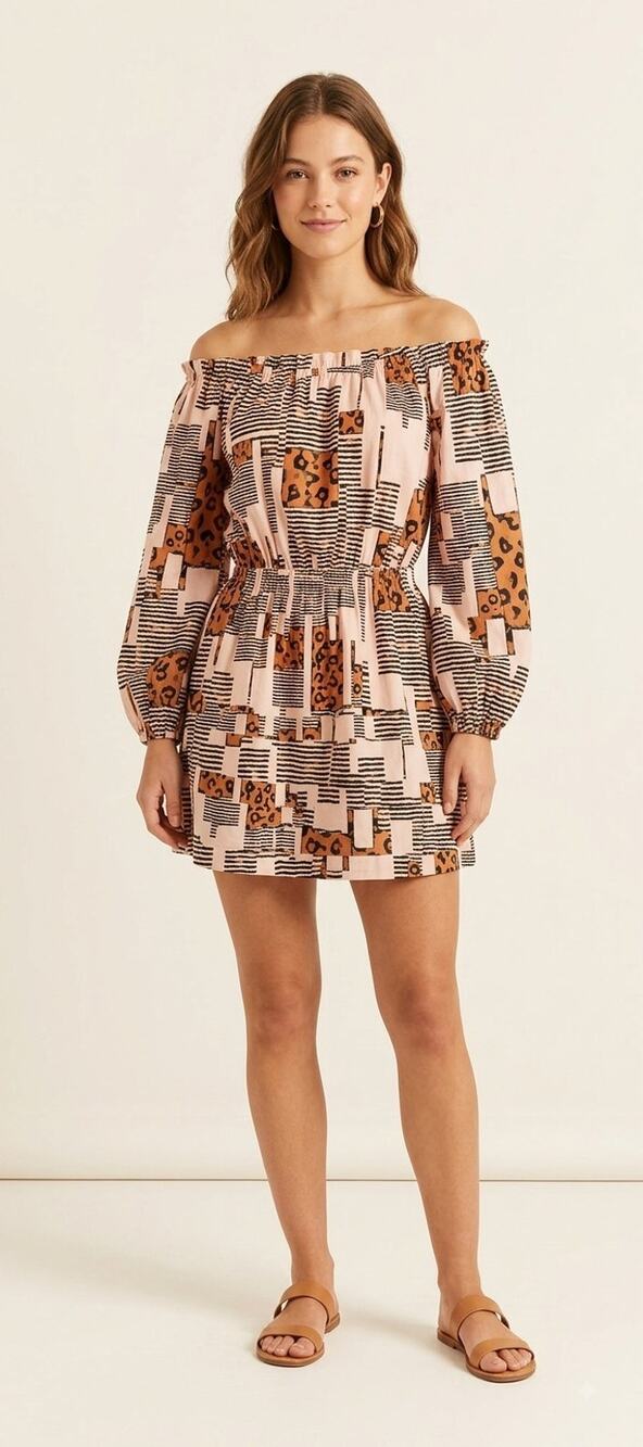Buru Pink Orange Long Sleeve Cotton Blend Mini Dress Small